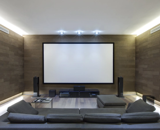 home theater with black couch de pere wi